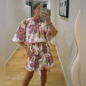 Pink & purple floral mini dress. Fitted bottom half & puffy 1/2 sleeves
